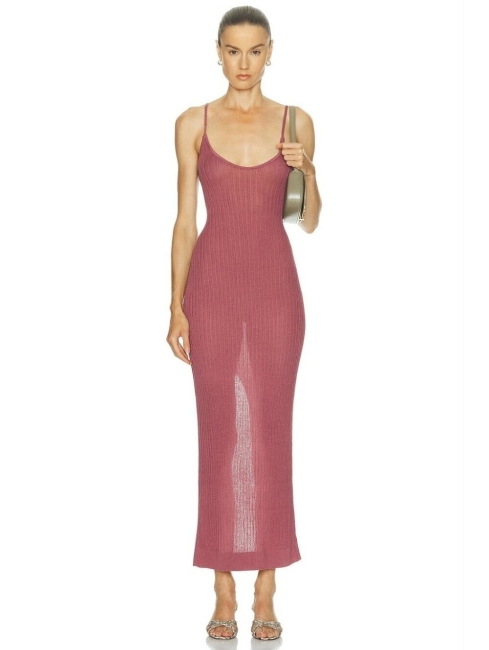 NWT Skims Sheer Knit Maxi Dress with Spaghetti Straps And Slit Magenta Beet XS